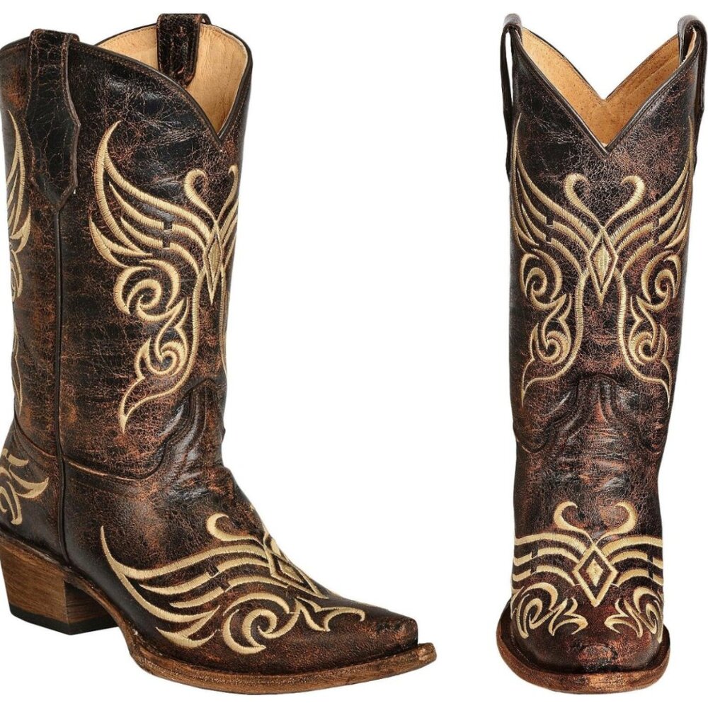 Circle G Women's Western Cowgirl Boots Dragonfly Distressed Snip Toe Leather 9M